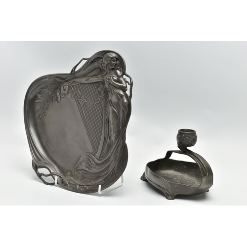 164 - A WMF PEWTER LETTER TRAY, model 252A, relief moulded in the Art Nouveau style with a maiden and harp... 