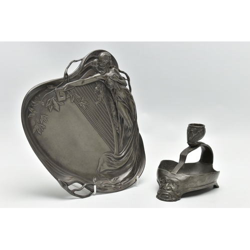 164 - A WMF PEWTER LETTER TRAY, model 252A, relief moulded in the Art Nouveau style with a maiden and harp... 