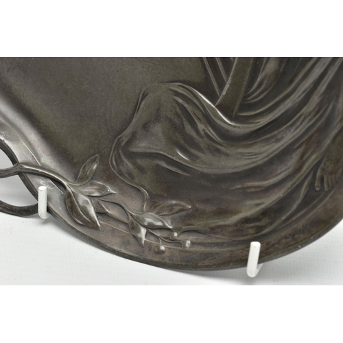 164 - A WMF PEWTER LETTER TRAY, model 252A, relief moulded in the Art Nouveau style with a maiden and harp... 