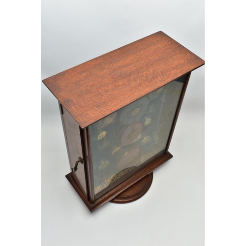 165 - ADVERTISING / TOOL INTEREST: A MID 20TH CENTURY OAK COUNTER TOP DOUBLE SIDED DISPLAY CASE FOR JAMES ... 