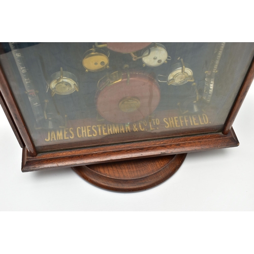 165 - ADVERTISING / TOOL INTEREST: A MID 20TH CENTURY OAK COUNTER TOP DOUBLE SIDED DISPLAY CASE FOR JAMES ... 