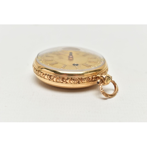 19 - A WILLIAM IV, 18CT YELLOW GOLD, KEY WOUND OPEN FACE POCKET WATCH, the decorative gilt dial with gilt... 