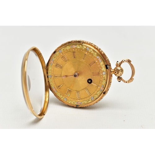 19 - A WILLIAM IV, 18CT YELLOW GOLD, KEY WOUND OPEN FACE POCKET WATCH, the decorative gilt dial with gilt... 