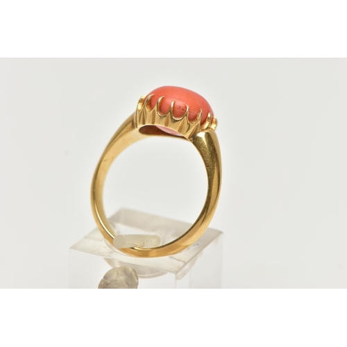 2 - AN EDWARDIAN 18CT YELLOW GOLD CORAL RING, the coral cabochon measuring approximately 11.5mm diameter... 