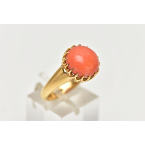 2 - AN EDWARDIAN 18CT YELLOW GOLD CORAL RING, the coral cabochon measuring approximately 11.5mm diameter... 