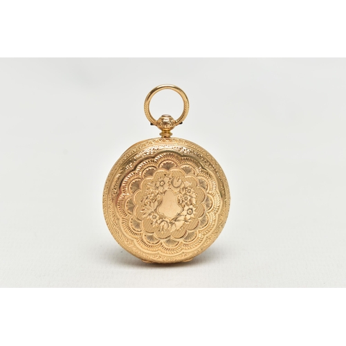 20 - A LATE VICTORIAN 18CT YELLOW GOLD KEY WOUND OPEN FACE POCKET WATCH, the foliate gilt dial, with Roma... 