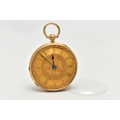 20 - A LATE VICTORIAN 18CT YELLOW GOLD KEY WOUND OPEN FACE POCKET WATCH, the foliate gilt dial, with Roma... 