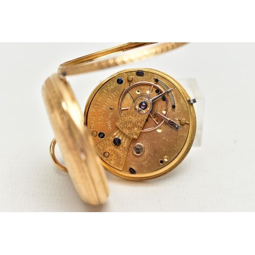 20 - A LATE VICTORIAN 18CT YELLOW GOLD KEY WOUND OPEN FACE POCKET WATCH, the foliate gilt dial, with Roma... 