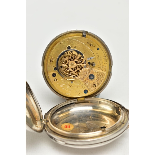 23 - AN EARLY VICTORIAN SILVER KEY WOUND FULL HUNTER POCKET WATCH, the silver dial with yellow metal Roma... 