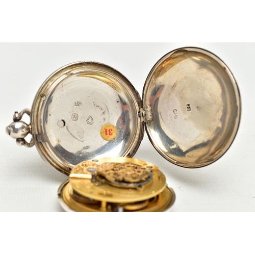 23 - AN EARLY VICTORIAN SILVER KEY WOUND FULL HUNTER POCKET WATCH, the silver dial with yellow metal Roma... 