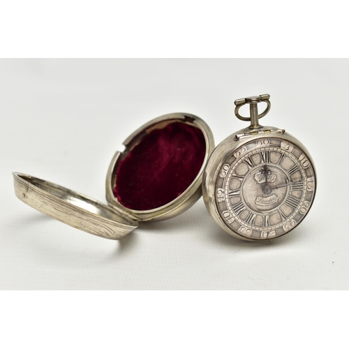 24 - A GEORGE II SILVER PAIR CASED VERGE KEY WOUND POCKET WATCH BY THOMAS HILL LONDON, the champleve dial... 