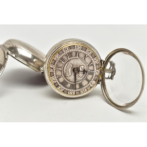 24 - A GEORGE II SILVER PAIR CASED VERGE KEY WOUND POCKET WATCH BY THOMAS HILL LONDON, the champleve dial... 