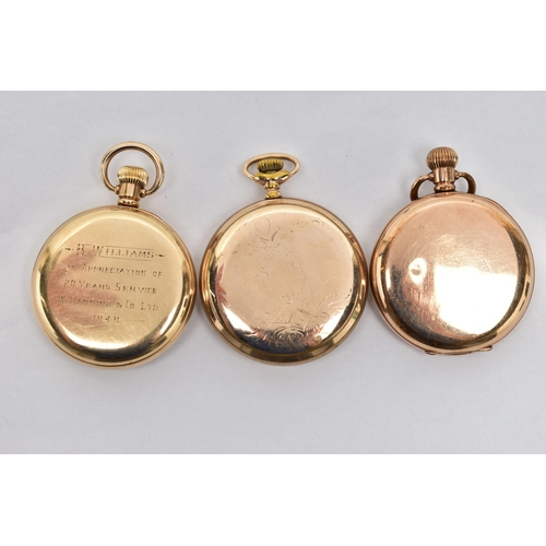 27 - A SELECTION OF THREE GOLD PLATED MANUAL WOUND OPEN FACE POCKET WATCHES, to include a SMITHS pocket w... 