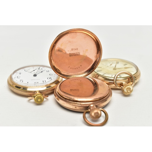 27 - A SELECTION OF THREE GOLD PLATED MANUAL WOUND OPEN FACE POCKET WATCHES, to include a SMITHS pocket w... 