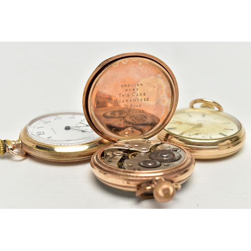 27 - A SELECTION OF THREE GOLD PLATED MANUAL WOUND OPEN FACE POCKET WATCHES, to include a SMITHS pocket w... 