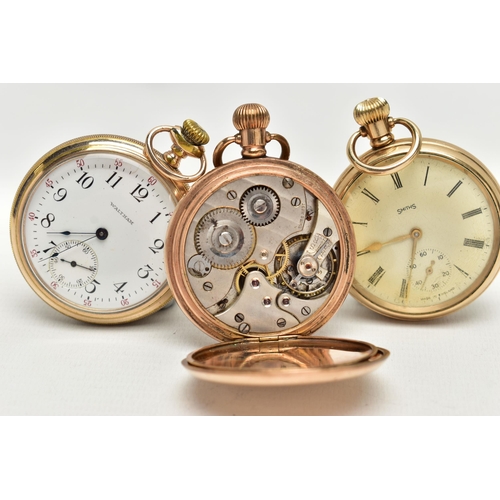 27 - A SELECTION OF THREE GOLD PLATED MANUAL WOUND OPEN FACE POCKET WATCHES, to include a SMITHS pocket w... 