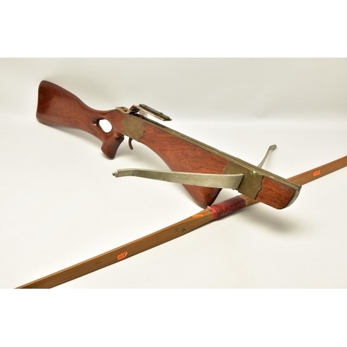 355 - A MODERN CROSSBOW AND MODERN LONG BOW,  both minus their draw strings, a modern aluminium bow with d... 