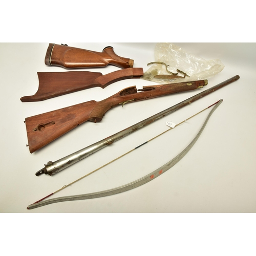 355 - A MODERN CROSSBOW AND MODERN LONG BOW,  both minus their draw strings, a modern aluminium bow with d... 