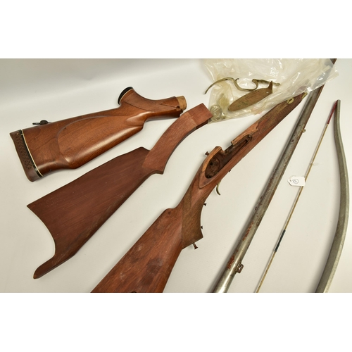 355 - A MODERN CROSSBOW AND MODERN LONG BOW,  both minus their draw strings, a modern aluminium bow with d... 