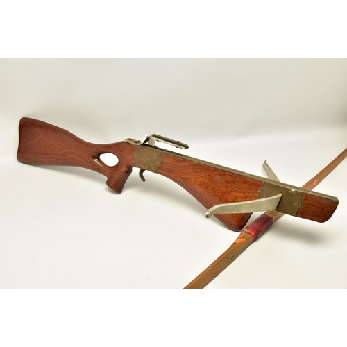 355 - A MODERN CROSSBOW AND MODERN LONG BOW,  both minus their draw strings, a modern aluminium bow with d... 