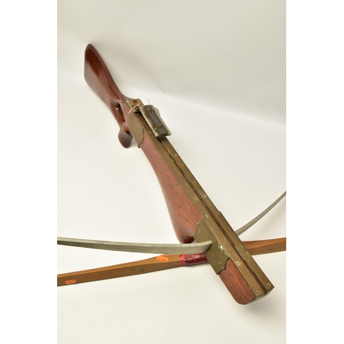 355 - A MODERN CROSSBOW AND MODERN LONG BOW,  both minus their draw strings, a modern aluminium bow with d... 