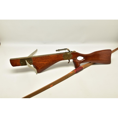 355 - A MODERN CROSSBOW AND MODERN LONG BOW,  both minus their draw strings, a modern aluminium bow with d... 