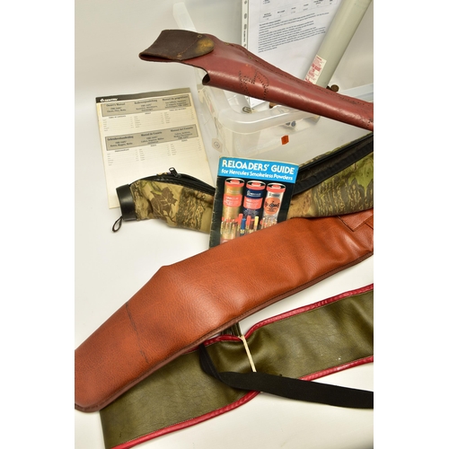 357 - TWO LEATHER PISTOL HOLSTERS AND THREE RIFLE / GUN SLIPS, together with a compressed air cylinder for... 