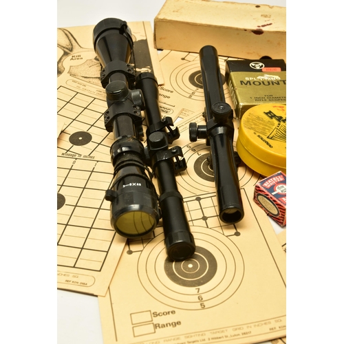 359 - A QUANTITY OF AIR GUN TARGETS, ETC, comprising a quantity of air gun targets, three rifle scopes wit... 