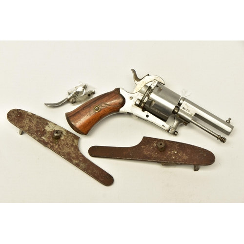 361 - AN ANTIQUE 7MM BELGIAN PROVED PIN-FIRE REVOLVER, partly dismantled and missing its loading gate