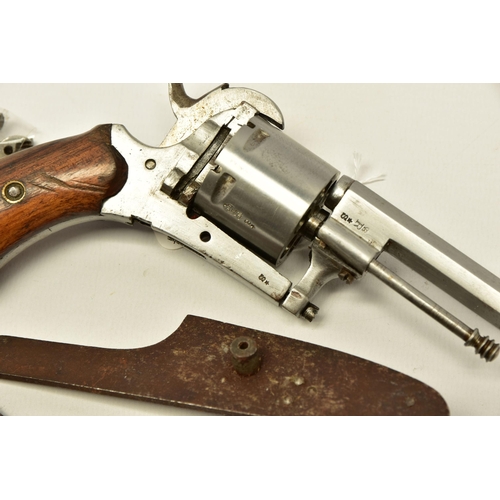 361 - AN ANTIQUE 7MM BELGIAN PROVED PIN-FIRE REVOLVER, partly dismantled and missing its loading gate