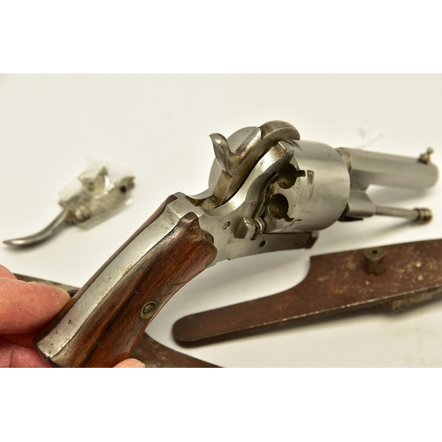 361 - AN ANTIQUE 7MM BELGIAN PROVED PIN-FIRE REVOLVER, partly dismantled and missing its loading gate