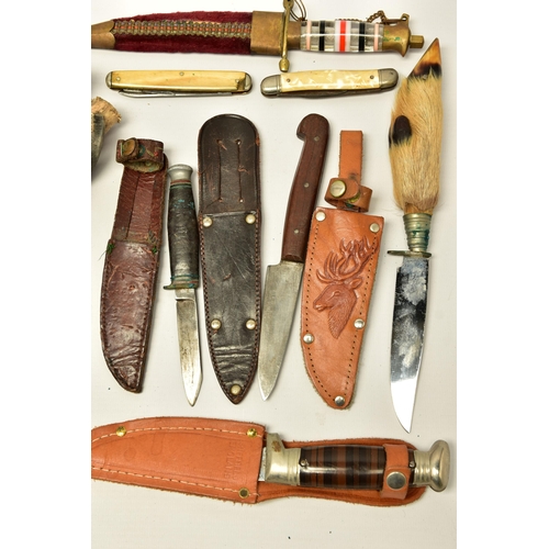 367 - FOUR SHEATH KNIVES WITH SHEATHS, the first by Rostrei Soligen, two by J Howell & Sons, Sheffield, an... 