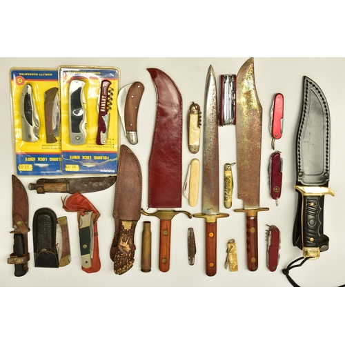 370 - SEVEN MULTITOOLS, TWO SHEATH KNIVES WITH SHEATHS, three folding lock knives, four pen knives,a fired... 