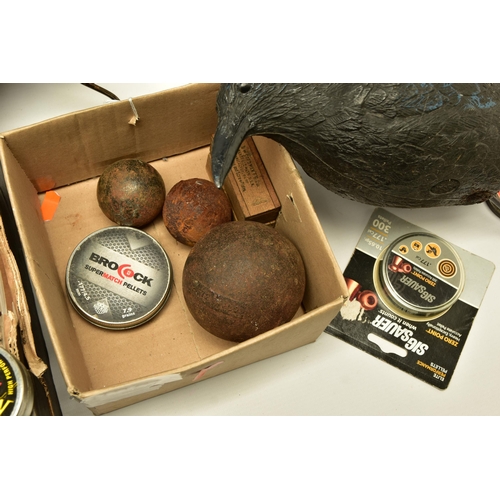 374 - ONE LARGE CANNON BALL AND TWO SMALL CANNON BALLS, four vintage air gun targets, five Crow and one Ma... 