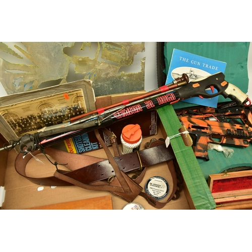 375 - AN UNDERWATER SPEAR GUN WITH SHAFT, three good quality 12 bore shotgun cleaning kits, a leather belt... 