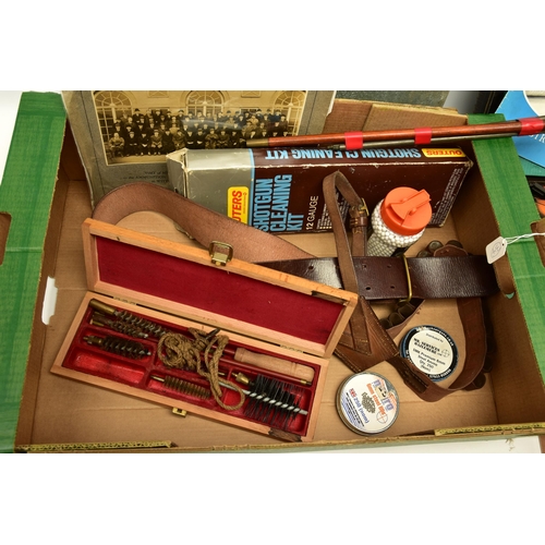 375 - AN UNDERWATER SPEAR GUN WITH SHAFT, three good quality 12 bore shotgun cleaning kits, a leather belt... 