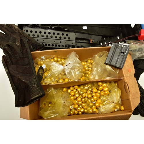 377 - TWO BOXES OF PAINTBALLING EQUIPMENT including a Tippman paint ball gun serial number 0431040 complet... 