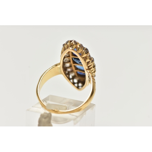 7 - A LATE VICTORIAN 18CT YELLOW GOLD SAPPHIRE AND DIAMOND RING OF MARQUISE SHAPE OUTLINE, set with five... 