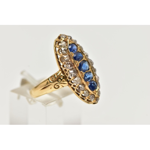 7 - A LATE VICTORIAN 18CT YELLOW GOLD SAPPHIRE AND DIAMOND RING OF MARQUISE SHAPE OUTLINE, set with five... 