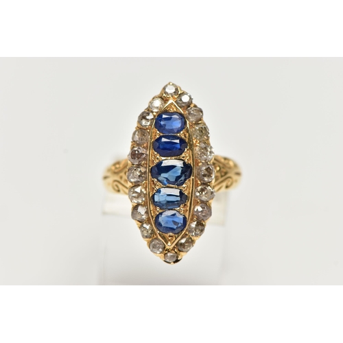 7 - A LATE VICTORIAN 18CT YELLOW GOLD SAPPHIRE AND DIAMOND RING OF MARQUISE SHAPE OUTLINE, set with five... 