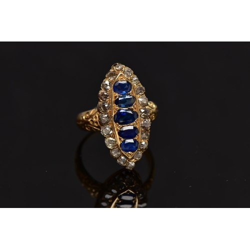 7 - A LATE VICTORIAN 18CT YELLOW GOLD SAPPHIRE AND DIAMOND RING OF MARQUISE SHAPE OUTLINE, set with five... 