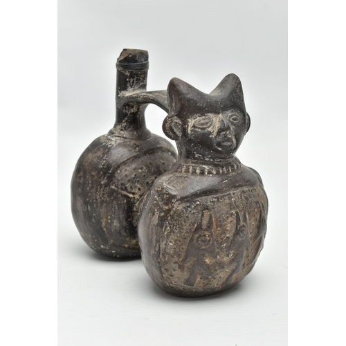 171 - A SOUTH AMERICAN CHIMU STYLE DOUBLE-BODIED BLACK POTTERY VESSEL, the front section of figural form, ... 