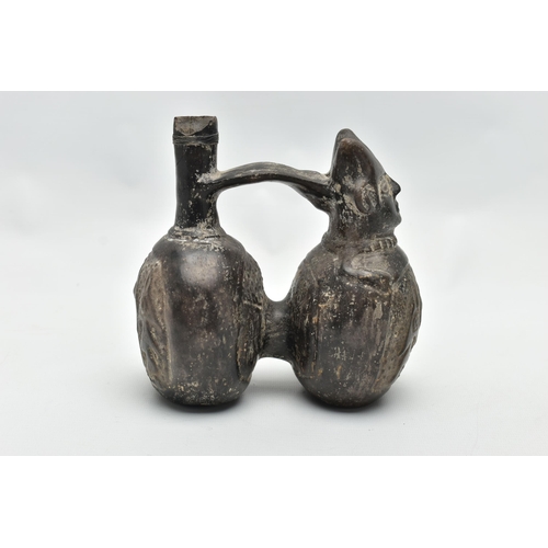 171 - A SOUTH AMERICAN CHIMU STYLE DOUBLE-BODIED BLACK POTTERY VESSEL, the front section of figural form, ... 