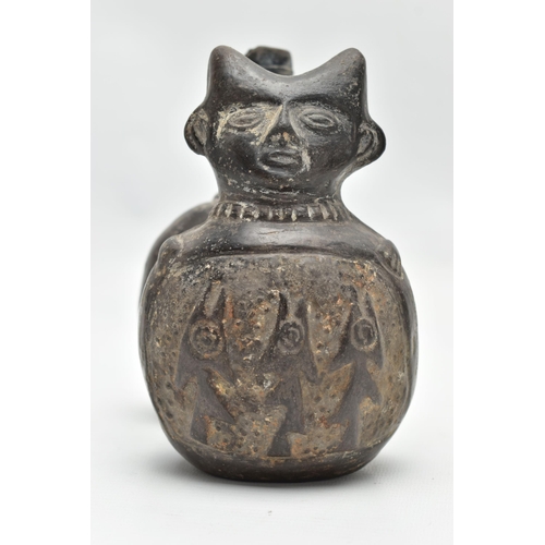 171 - A SOUTH AMERICAN CHIMU STYLE DOUBLE-BODIED BLACK POTTERY VESSEL, the front section of figural form, ... 