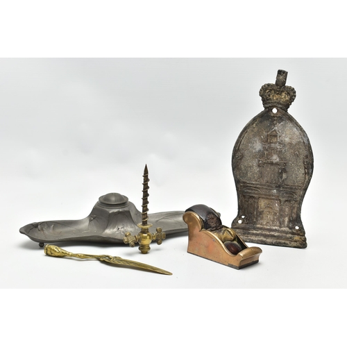 172 - FIVE 19TH AND EARLY 20TH CENTURY ITEMS OF METALWARE, comprising a S. Maw & Son of London brass champ... 