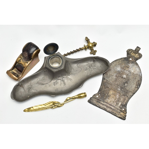 172 - FIVE 19TH AND EARLY 20TH CENTURY ITEMS OF METALWARE, comprising a S. Maw & Son of London brass champ... 