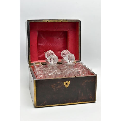 177 - A VICTORIAN SIMULATED COROMANDEL AND BRASS BOUND DECANTER BOX OF RECTANGULAR OUTLINE, the hinged lid... 