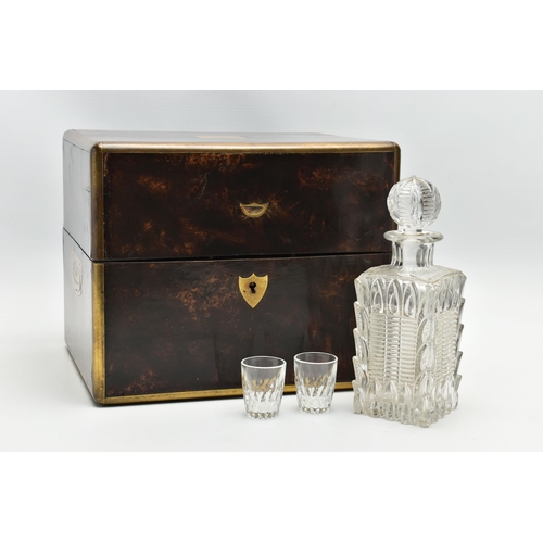 177 - A VICTORIAN SIMULATED COROMANDEL AND BRASS BOUND DECANTER BOX OF RECTANGULAR OUTLINE, the hinged lid... 