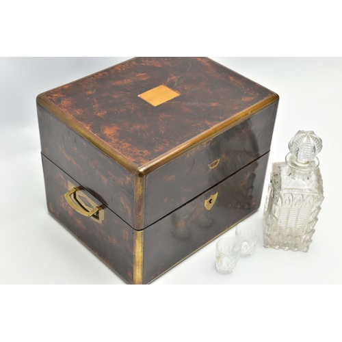 177 - A VICTORIAN SIMULATED COROMANDEL AND BRASS BOUND DECANTER BOX OF RECTANGULAR OUTLINE, the hinged lid... 