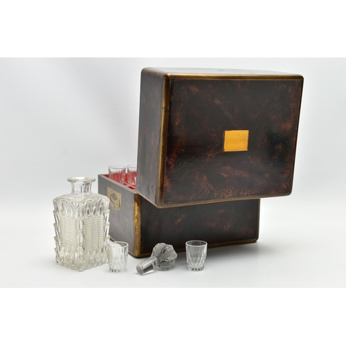 177 - A VICTORIAN SIMULATED COROMANDEL AND BRASS BOUND DECANTER BOX OF RECTANGULAR OUTLINE, the hinged lid... 